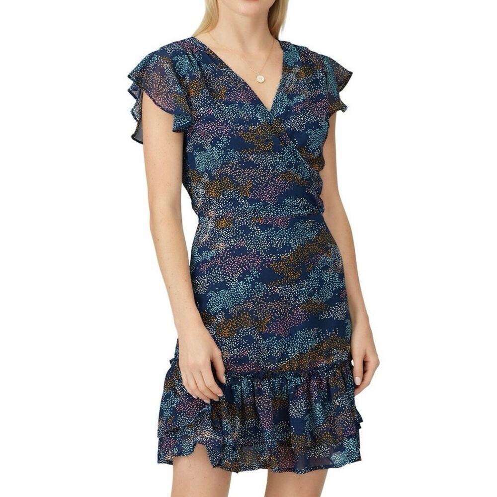 SLATE & WILLOW Navy Blue Confetti Printed Flutter Sleeve Dress Ruffle Blue  Sz S